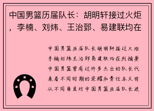 中国男篮历届队长：胡明轩接过火炬，李楠、刘炜、王治郅、易建联均在列